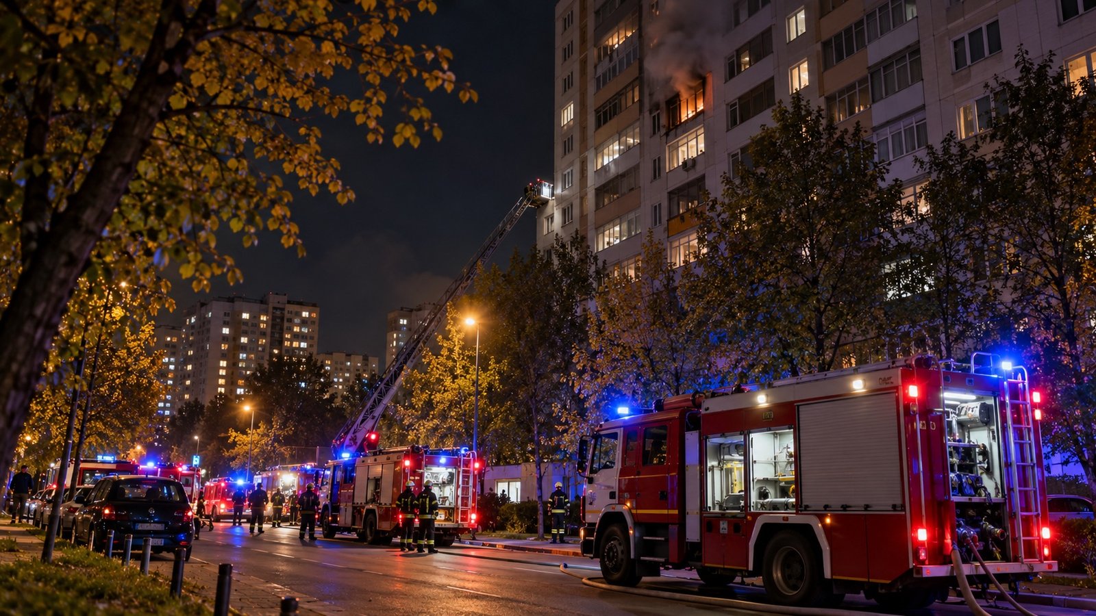 Работа пожарных у многоэтажного дома в Москве ночью