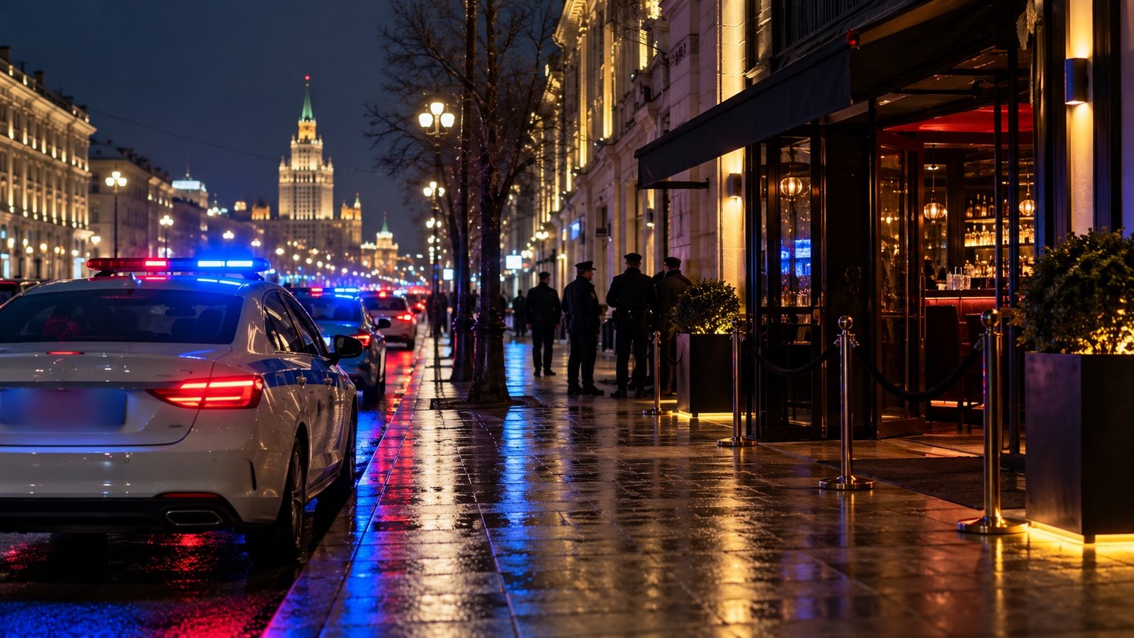Полицейские автомобили у бара на центральной улице Москвы