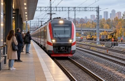 Поезд МЦД на станции во время путевых работ